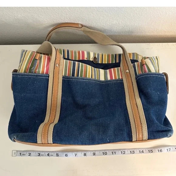 Rosetti 2000s Denim Tote Bag Blue Cotton Striped Canvas Shoulder Bag Vinyl Trim - Picture 8 of 9